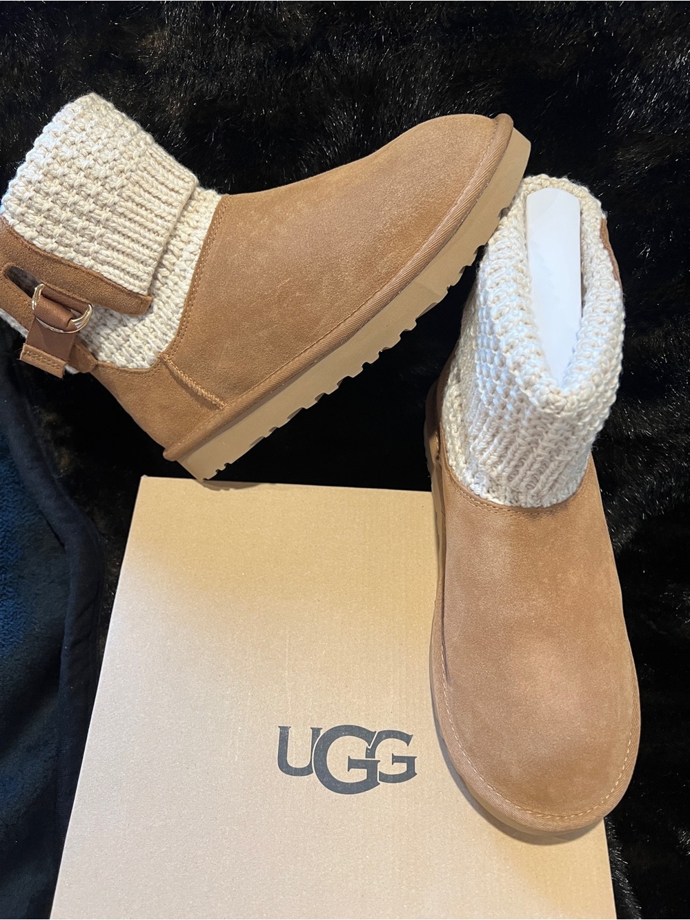 UGG Chestnut Suede Ankle Boots with Cream Knit Cuff - Picture 2 of 3